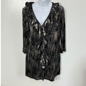 NY Collection Blouse Women XL‎ Black Silver Burnout Floral Ruffle V-Neck Y2K